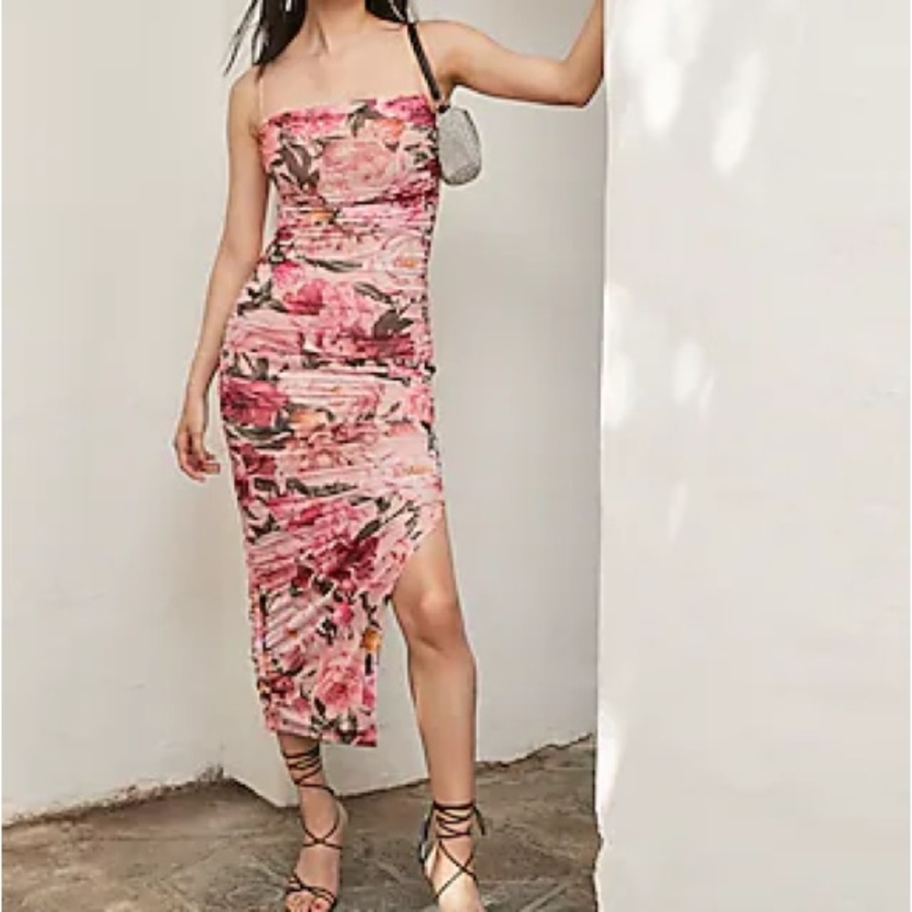 EUC EXPRESS BODY CONTOUR FLORAL PRINT RUCHED MESH MIDI DRESS PEONY PRINT PINK - Picture 3 of 4